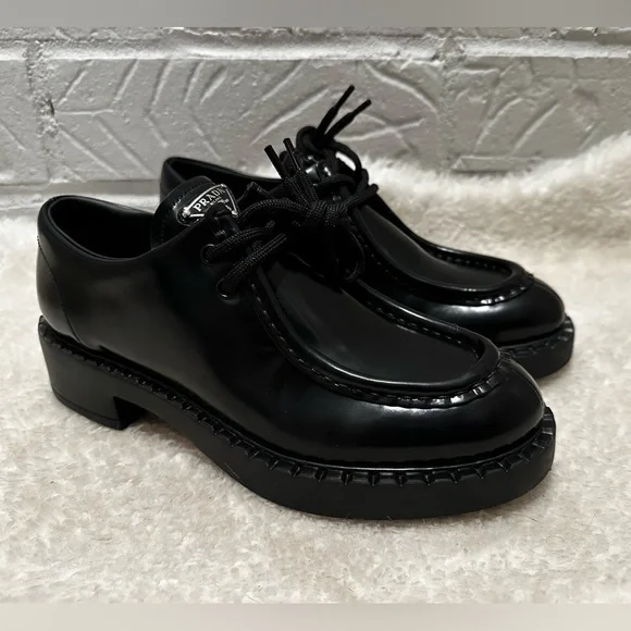 New Prada Chocolate Brushed Leather Lace-Up Loafers Size 39 - Picture 2 of 11